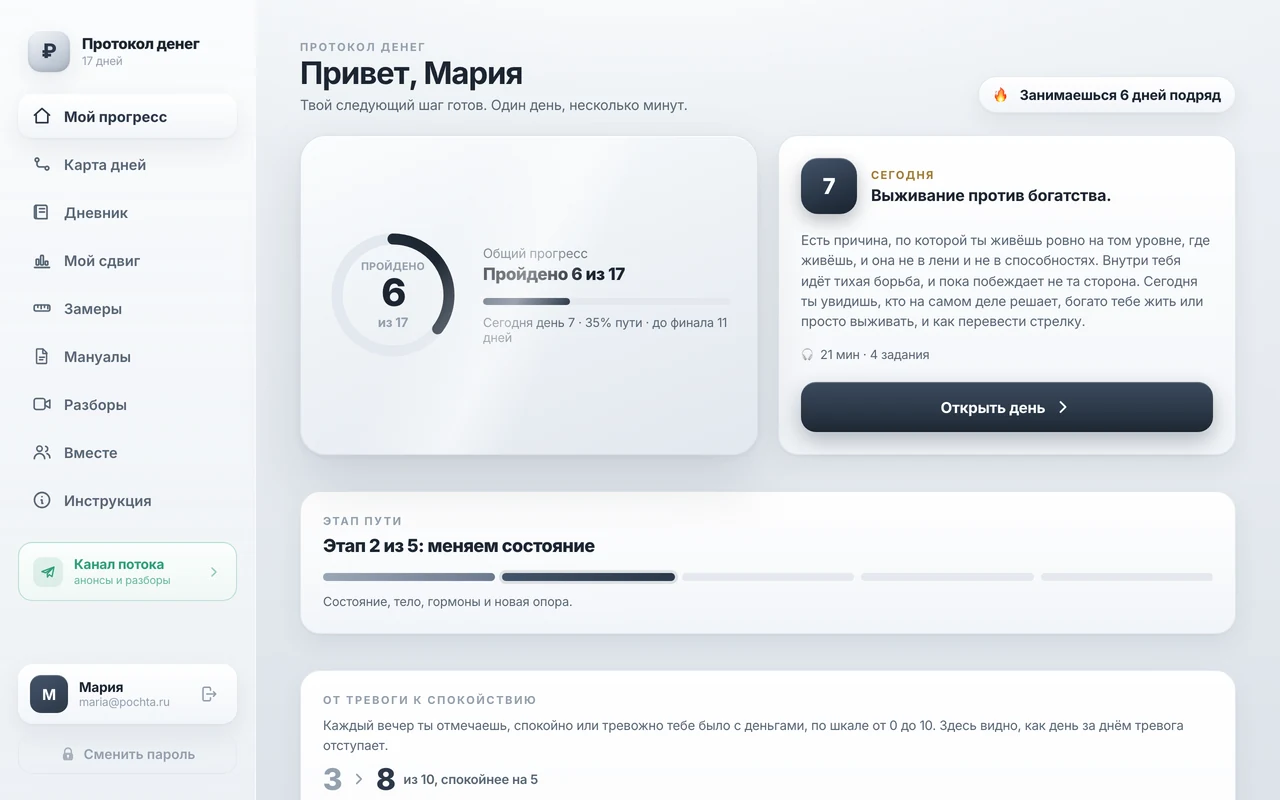 Та же программа на компьютере: разделы слева, ваш сдвиг и полотно протокола